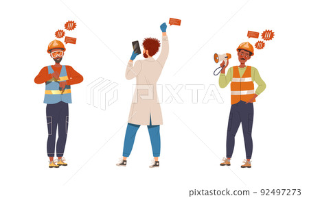 Protesting people of different professions set. Protesters discussing social issues and shouting with megaphone vector illustration 92497273