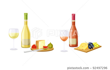 Bottles of white and rose wine with cheese, figs and grapes served on wooden board vector illustration 92497296