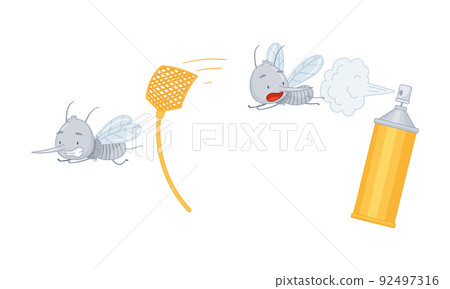 Cute mosquito set. Funny parasitic insect character flying away from fly swatter and repellent bottle cartoon vector illustration 92497316