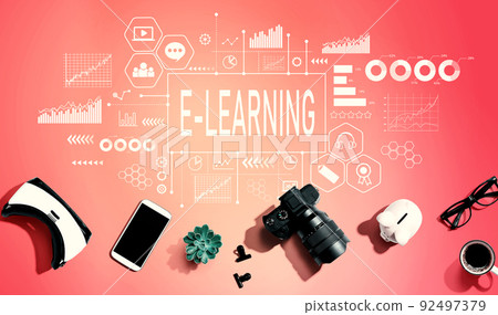 E-Learning theme with electronic gadgets and office supplies E-Learning theme with electronic gadgets and office supplies 92497379