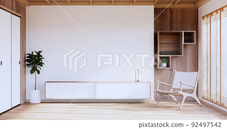 Cabinet wooden japanese design on living room minimalist empty wall background.3D rendering Cabinet wooden japanese design on living room minimalist empty wall background.3D rendering 92497542