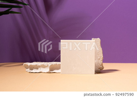 Creative podium various materials, purple background, shadow from plant branches gothic style mockup 92497590