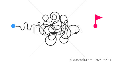 Chaotic curved path with deflected arrow from start point to finish flag. Failed plan, unfinished challenge, failure idea, no ending way concept 92498384