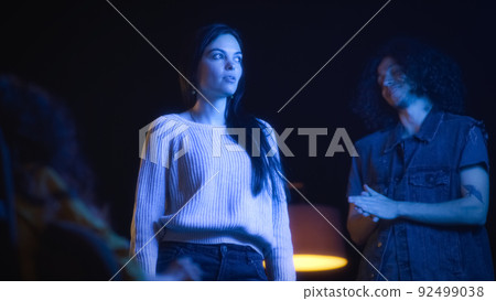 Cast of actors rehearsing a play in theater Cast of actors rehearsing a play in theater 92499038