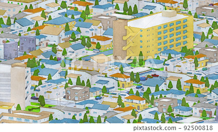 Residential area, hand-drawn style, watercolor style, cityscape, bird's-eye view, residential background 92500818