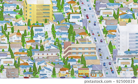 Residential area, hand-drawn style, watercolor style, cityscape, bird's-eye view, residential background 92500819