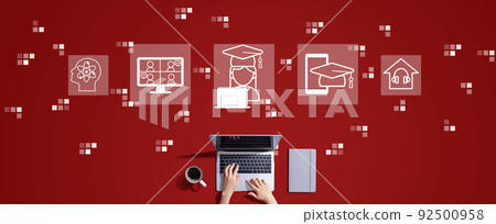 Distance learning theme with person working with laptop Distance learning theme with person working with laptop 92500958