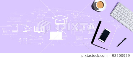Distance learning theme with computer keyboard and office items Distance learning theme with computer keyboard and office items 92500959