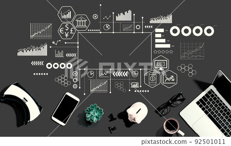 Fintech theme with electronic gadgets and office supplies 92501011