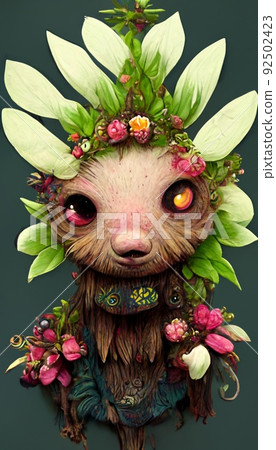 A fantasy chinchilla with flowers and a beautiful magical fairy tale enchanted forest. Artistic abstract beautiful nature. Perfect for phone wallpaper or for posters. 92502423