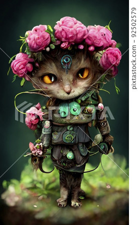 A fantasy cat with flowers and a beautiful magical fairy tale enchanted forest. Artistic abstract beautiful nature. Perfect for phone wallpaper or for posters. 92502579