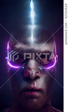 Portrait of a neon futuristic cyberpunk warrior with cyber eyes. A warrior from virtual reality. The concept of cyberpunk. Perfect for phone wallpaper or for posters. Portrait of a neon futuristic cyberpunk warrior with cyber eyes. A warrior from virtual reality. The concept of cyberpunk. Perfect for phone wallpaper or for posters. 92502629