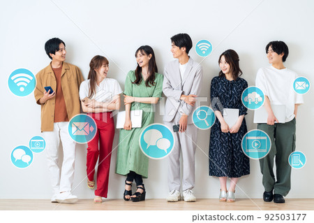 Men and women Gen Z friends University students share house CG iot SNS digital transformation 92503177