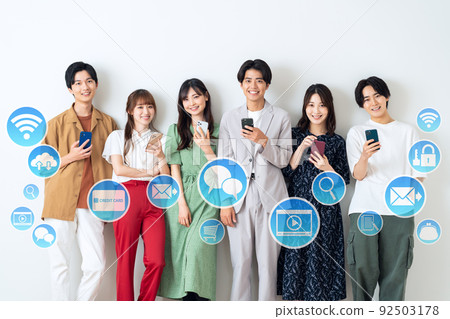 Men and women Gen Z friends University students share house CG IoT SNS technology DX 92503178