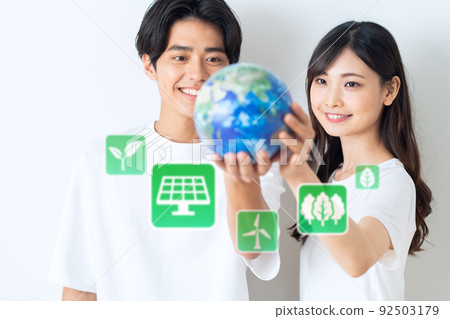 SDGs globe eco men and women Gen Z friends college students 92503179