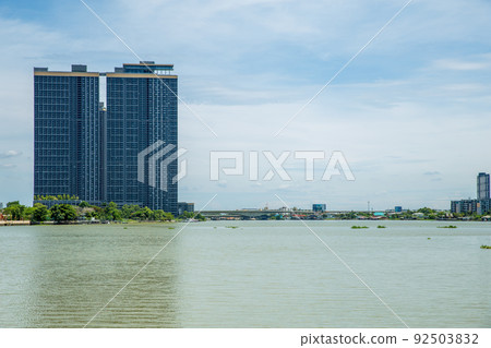 Panoramic view of modern buildings and river view in Nonthaburi. 92503832