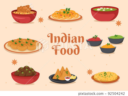 Indian Food Cartoon Illustration with Various Collection of Delicious Traditional Cuisine Dishes in Flat Style Design 92504242