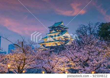 Twilight at Osaka castle during Cherry blossoms season 92504612
