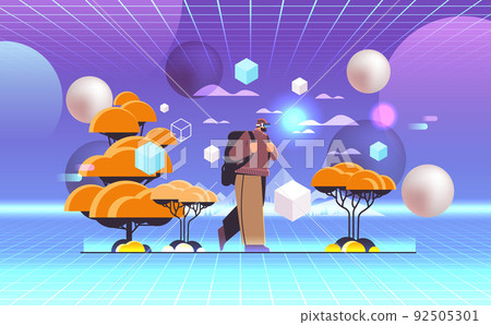 man tourist in virtual reality glasses travelling with backpack active vacation hiking vr vision headset innovation metaverse 92505301