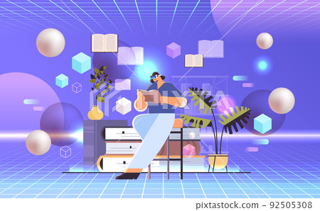 woman in virtual relity glasses reading book self education distance studying literature fan vr vision headset innovation metaverse 92505308