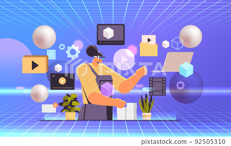 woman in virtual reality glasses watching videos e-learning video tutorials live streaming vr vision headset innovation metaverse 92505310