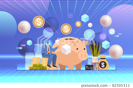businessman in virtual reality glasses using laptop near piggy bank save money finance analytics wealth vr vision headset innovation 92505311