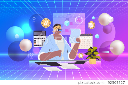 clerk woman advisor auditor in virtual reality glasses calculating invoice on accounting bookkeeper vr vision headset innovation 92505327