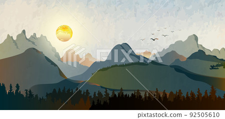 Landscape hills abstract art watercolor painting background with sun and birds. Landscape hills abstract art watercolor painting background with sun and birds. 92505610