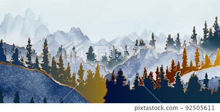 Landscape hills abstract art watercolor painting background with gold line mountains range. Landscape hills abstract art watercolor painting background with gold line mountains range. 92505611