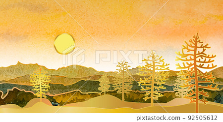 Landscape hills abstract art watercolor painting background with gold line mountains range. Landscape hills abstract art watercolor painting background with gold line mountains range. 92505612