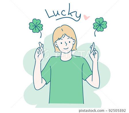 Young woman shown with her finger gesture lucky sign. Hand drawn in thin line style, vector illustrations. Young woman shown with her finger gesture lucky sign. Hand drawn in thin line style, vector illustrations. 92505892