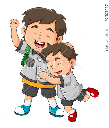 The son is hugging his dad and very happy to see him 92505917