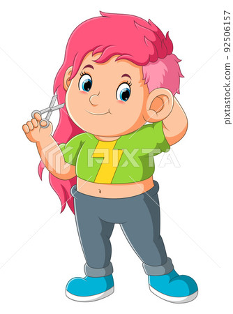 The stylish girl is cutting her hair by herself while standing 92506157