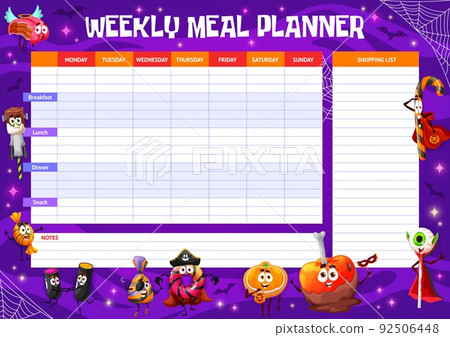 Weekly meal planner, cartoon Halloween candy characters. Vector food plan or diet menu schedule for week with grocery list template, cute trick or treat sweets, pumpkin cake and chocolate candies Weekly meal planner, cartoon Halloween candy characters. Vector food plan or diet menu schedule for week with grocery list template, cute trick or treat sweets, pumpkin cake and chocolate candies 92506448