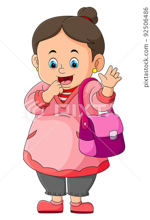 The mother is waving hand and greeting happily The mother is waving hand and greeting happily 92506486