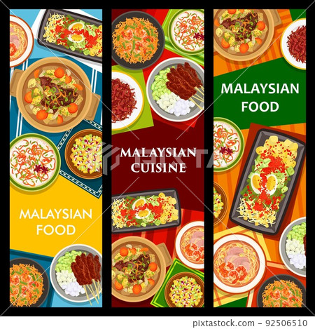 Malaysian cuisine banners, Asian food and restaurant lunch and dinner meals, vector menu. Malaysian traditional kitchen dishes sesame beef, seafood risotto and vegetables salad with chicken satay 92506510