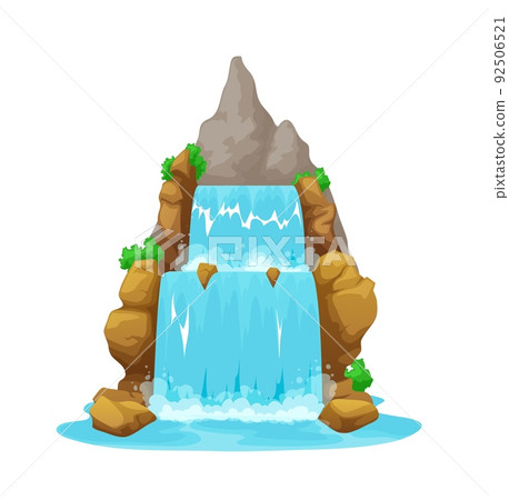 Cartoon waterfall, isolated mountain water cascade. Tropical island waterfall, clean stream travel landscape or game asset. Mountain river blue aqua flow cascade environment scene vector background Cartoon waterfall, isolated mountain water cascade. Tropical island waterfall, clean stream travel landscape or game asset. Mountain river blue aqua flow cascade environment scene vector background 92506521
