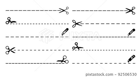 Cut lines with vector scissors and utility knives. Dotted and dashed coupon borders, paper page, ticket or flyer perforated cut lines, product packaging, sale or discount coupon cut here marks Cut lines with vector scissors and utility knives. Dotted and dashed coupon borders, paper page, ticket or flyer perforated cut lines, product packaging, sale or discount coupon cut here marks 92506530