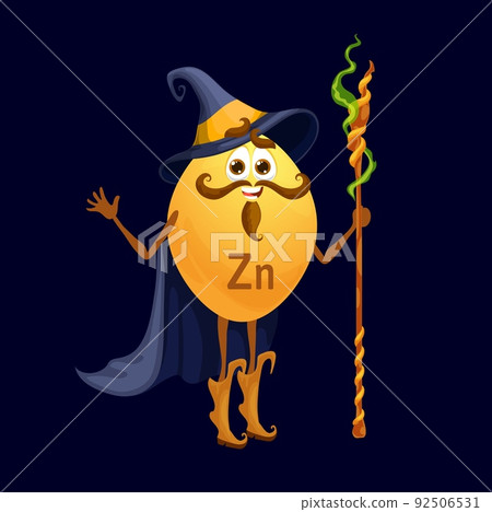 Cartoon happy zinc and zincum micronutrient mage character. Isolated vector Zn wizard warlock nutrient capsule personage wear witch hat, cape holding staff. Funny food supplement, mineral wiz bubble Cartoon happy zinc and zincum micronutrient mage character. Isolated vector Zn wizard warlock nutrient capsule personage wear witch hat, cape holding staff. Funny food supplement, mineral wiz bubble 92506531