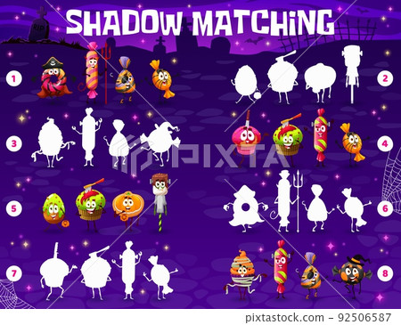 Shadow matching game worksheet, cartoon Halloween candy characters. Vector puzzle of kids education with trick or treat sweet food, brain game, riddle or memory test with find and match task Shadow matching game worksheet, cartoon Halloween candy characters. Vector puzzle of kids education with trick or treat sweet food, brain game, riddle or memory test with find and match task 92506587
