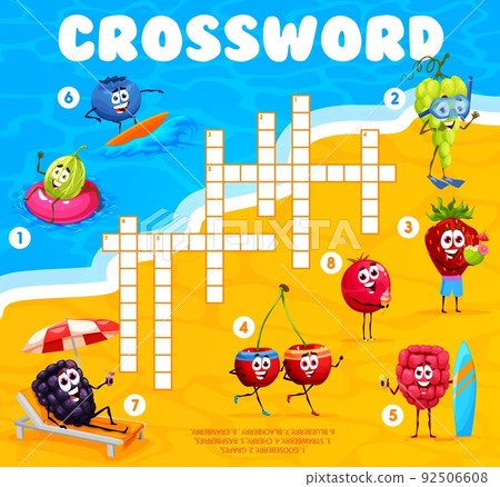 Cartoon berry characters on summer beach. Crossword grid. Find a word quiz game, kids puzzle or alphabet learning playing activity vector worksheet with blueberry, gooseberry and blackberry strawberry 92506608