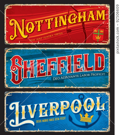 Nottingham, Sheffield, Liverpool, UK travel stickers and tin signs, vector luggage tags. England or Britain cities vintage stickers and destination places travel plates or tourism cards 92506609