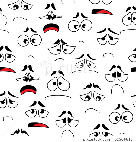 Cartoon sad, unhappy, anxious faces seamless pattern. Vector background with plaintive, deplorable personages emoji. Comic characters tragic facial expression, negative feelings, sadness emotions 92506613