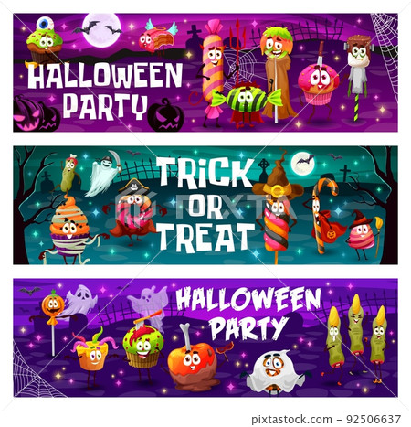 Halloween party banners, cartoon Halloween candy characters. Vector trick or treat sweet food personages of horror night holiday. Scary pumpkin lollipops, witch, mummy and ghost cakes, finger cookie 92506637