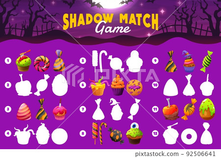 Shadow match game. Halloween cartoon candies, cookie and sweets. Halloween spooky sweets silhouette compare child puzzle, Halloween scary treats shadow matching kids playing activity vector worksheet Shadow match game. Halloween cartoon candies, cookie and sweets. Halloween spooky sweets silhouette compare child puzzle, Halloween scary treats shadow matching kids playing activity vector worksheet 92506641