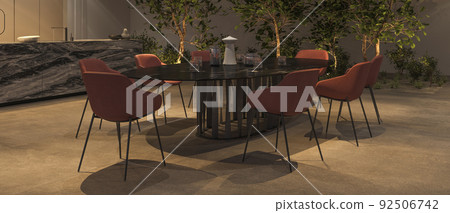Luxury kitchen and dining room with night light, green plants, marble island, stone floor. 3d rendering illustration interior apartment. Web banner. 92506742