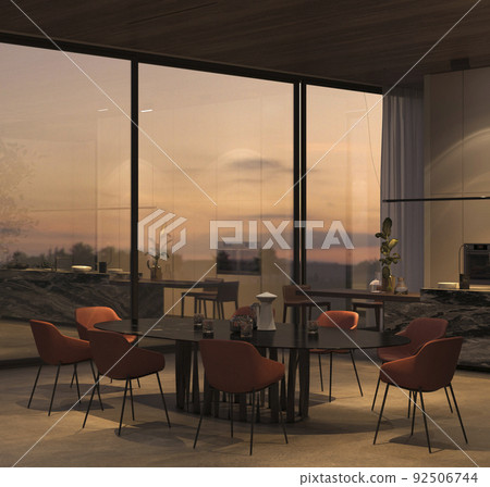 Elegant kitchen and dining room with bright night sky, stone floor, wooden ceiling. 3d render illustration interior apartment. 92506744