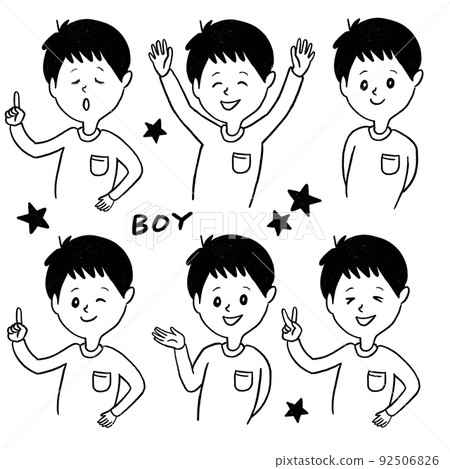 Illustration of a boy on the upper body, different facial expressions, monochrome white T-shirt 92506826