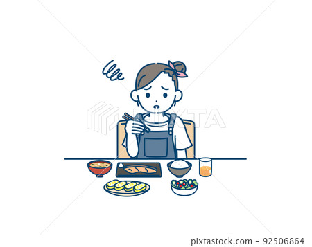 Girl with no appetite, children can't eat, likes and dislikes, breakfast illustration 92506864