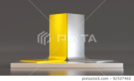 Yellow and grey silver tone Fair trade exhibition booth display kiosk design, 3D rendering. 92507468